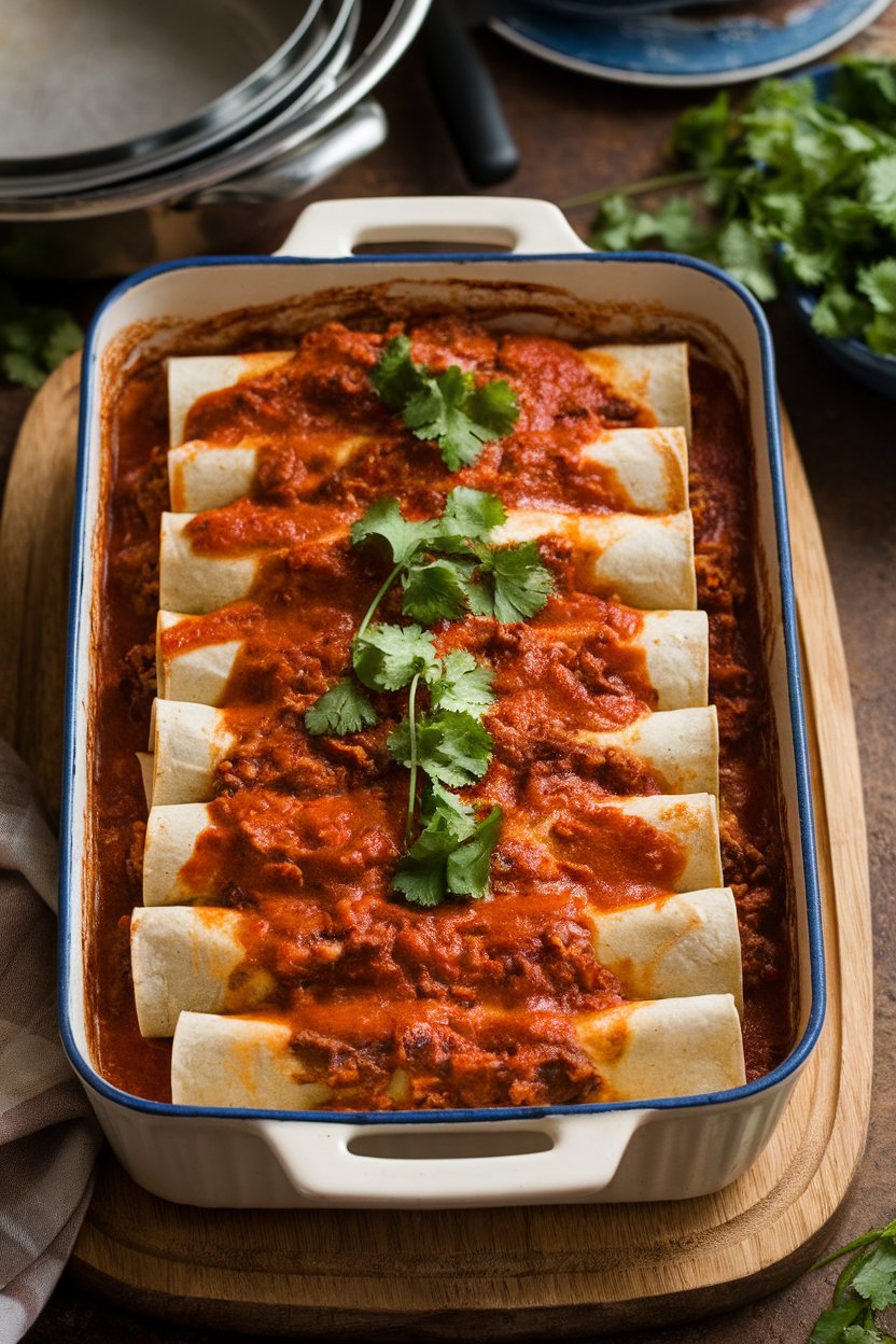 An indoor casserole dish of baked enchiladas topped with red sauce and fresh cilantro, filling visible at the cut edge. No logos or text.