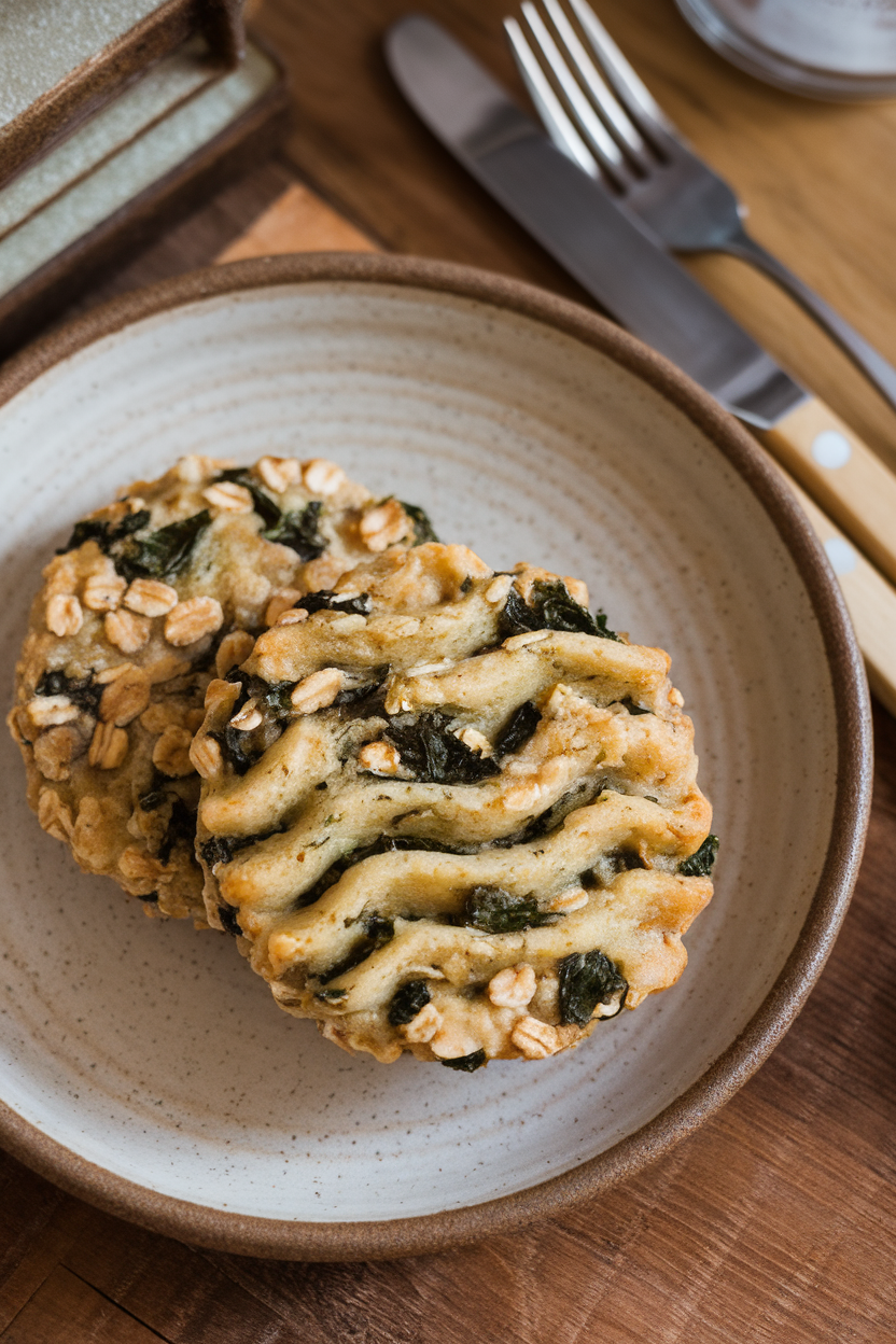 Photo prompt: Breakfast cookies with visible green kale flecks and oats on a ceramic plate indoors, no text or logos.