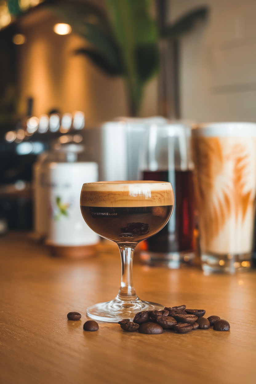 An indoor coffee bar featuring a coupe with layered dark espresso foam over sparkling wine, coffee beans scattered nearby. Photo, not illustration. No text or logos.