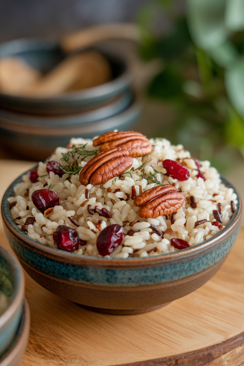 Indoor image of a ceramic serving bowl filled with wild rice studded with cranberries and toasted pecans, herbs sprinkled on top. No text or logos.