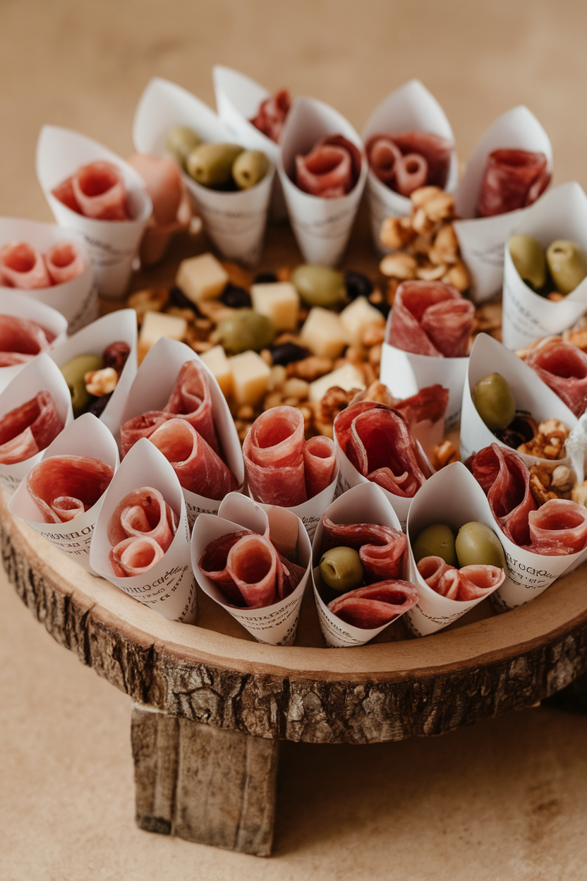 A rustic indoor board featuring paper cones stuffed with folded salami, small cheese cubes, olives, and nuts, no text or logos.