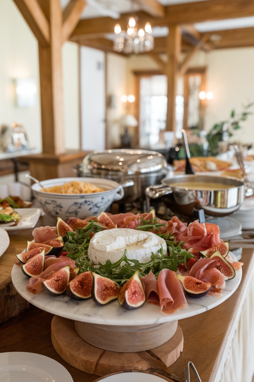 An indoor buffet with a marble platter featuring halved fresh figs, torn prosciutto, and a creamy burrata center, scattered with arugula leaves. No logos or text. Photo, not illustration.