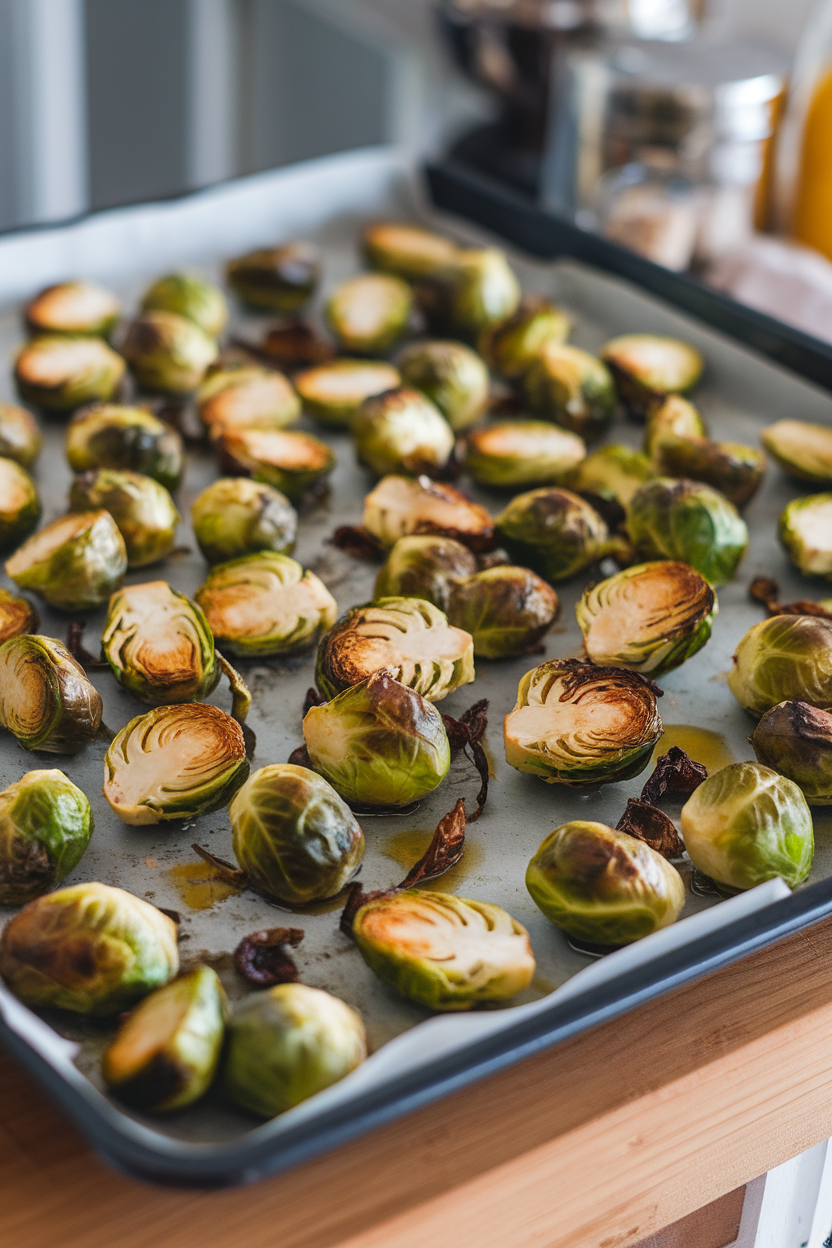 Photo of indoor baking sheet filled with roasted Brussels sprouts drizzled with olive oil, golden edges visible, no text or logos.
