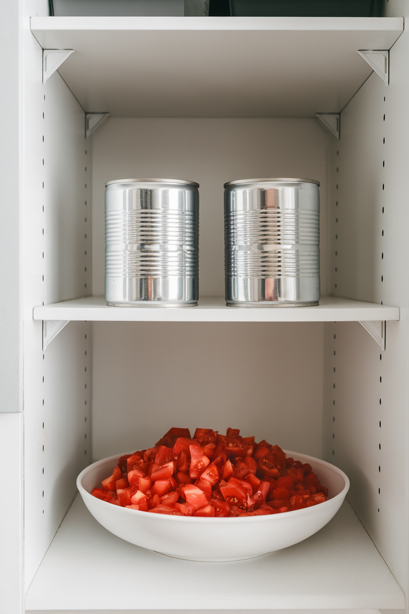 A kitchen shelf scene indoors with two unbranded silver cans and a white bowl of bright red diced tomatoes, steam absent to signal room temperature; no text or logos, photo.