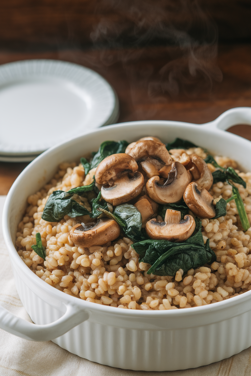 Indoor serving dish filled with cooked barley studded with sautéed mushrooms and wilted spinach, steam visible. No text or logos present.