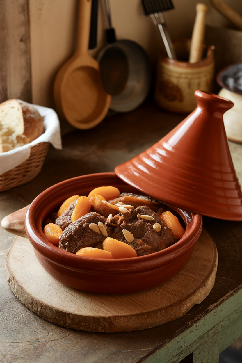 A rustic indoor kitchen scene with a clay pot of cooked beef tagine featuring apricots, carrots, and almonds. Warm spices evident in color; no text or logos. Photo only.