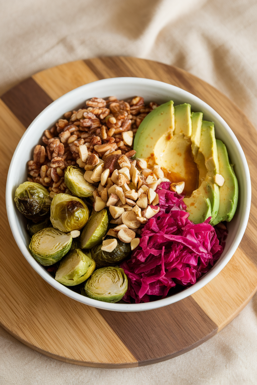 Indoor shot of a colorful Buddha bowl—farro, roasted Brussels sprouts, avocado slices, pickled red cabbage—no text or logos. Photo.