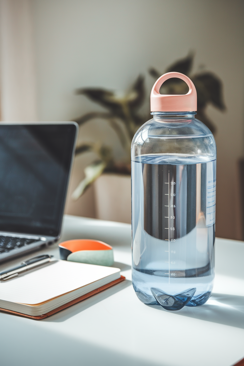 An indoor desk scene showing a large reusable water bottle half full, a subtle progress marker line visible but no logos or text.