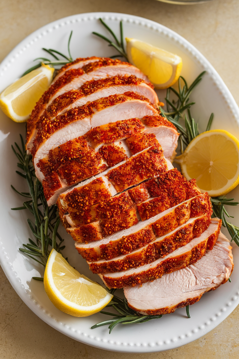Indoor photo of sliced, cooked turkey breast coated in reddish Cajun seasoning on a white platter, garnished with lemon wedges, no text or logos