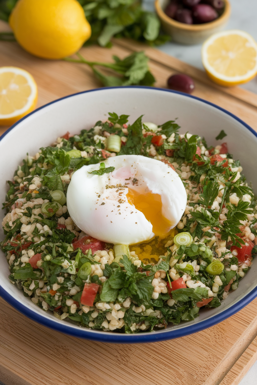 A shallow bowl indoors of herb-heavy tabbouleh topped with a poached egg and drizzle of olive oil, no text or logos.