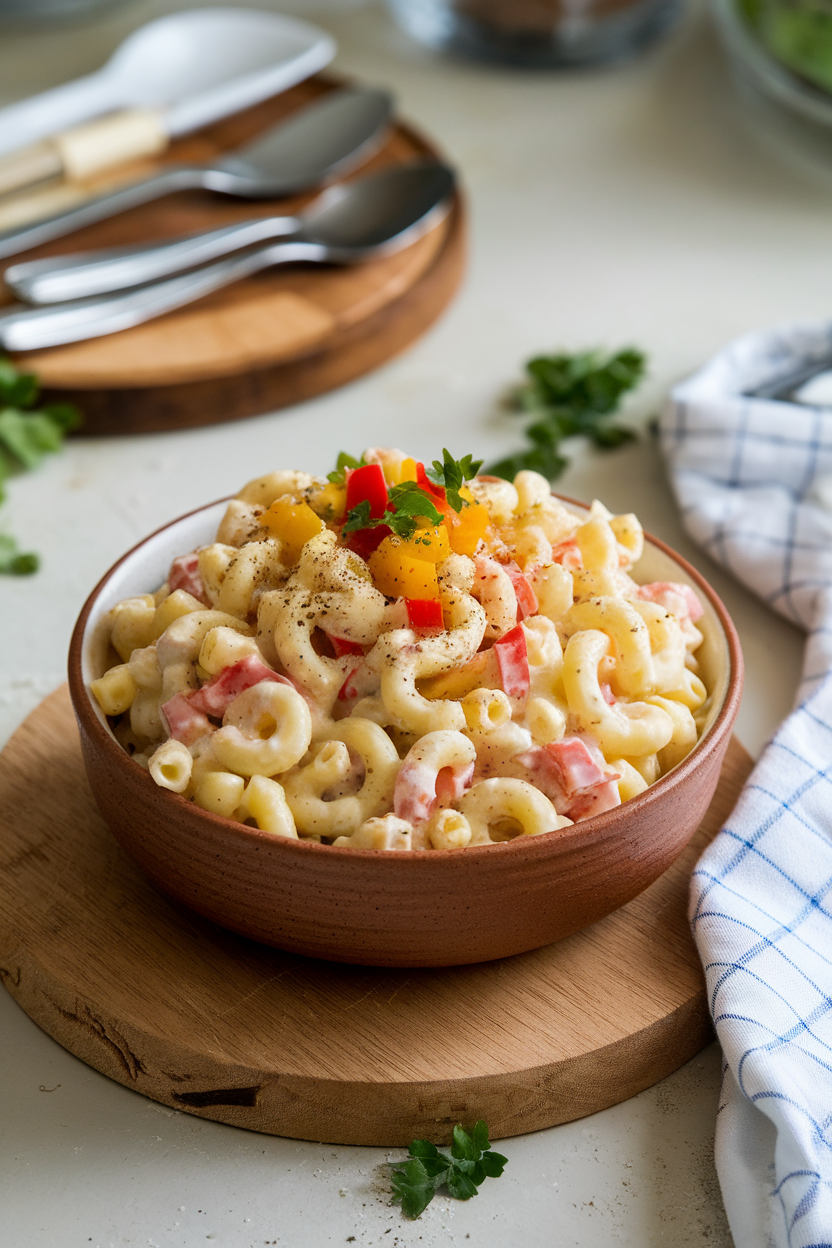 An indoor picnic-style table featuring a ceramic bowl of creamy macaroni salad with diced bell peppers and parsley garnish. No text or logos.