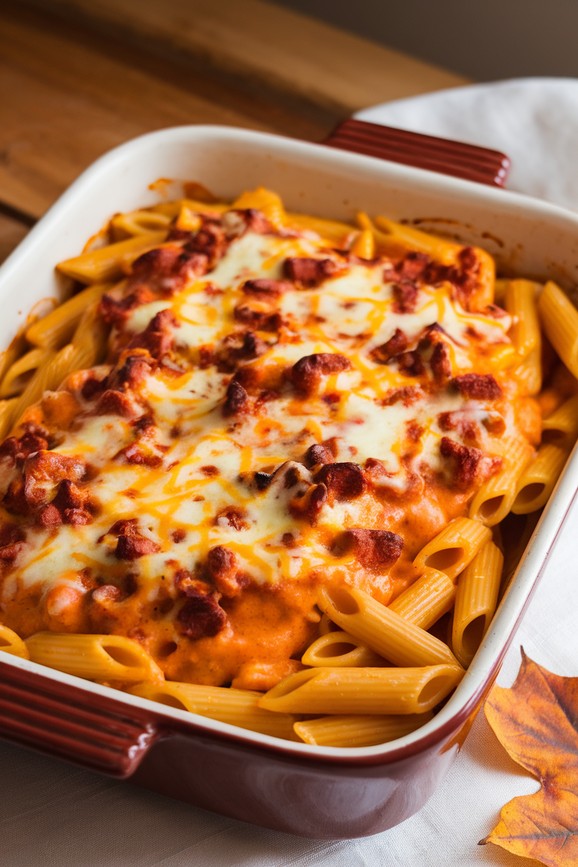 A ceramic baking dish indoors of penne coated in creamy pumpkin sauce, topped with melted mozzarella, cheddar, and Parmesan. No text or logos. Photo.