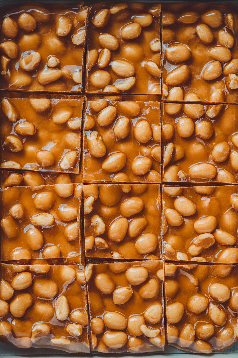 Squares of glossy peanut brittle broken on an indoor tray, bubbles visible, no text or logos.</Prompt