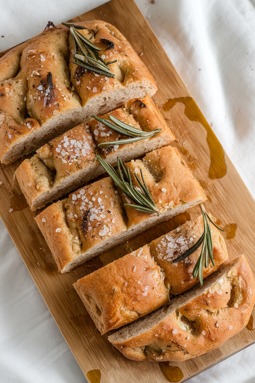 An indoor wooden board with sliced whole-wheat focaccia studded with rosemary and coarse salt, olive oil sheen visible; no text or logos.
