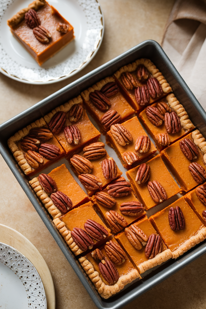 A square baking pan indoors with neatly cut sweet potato pie bars, pecan crust visible, served on a plate. No text or logos. Photo.
