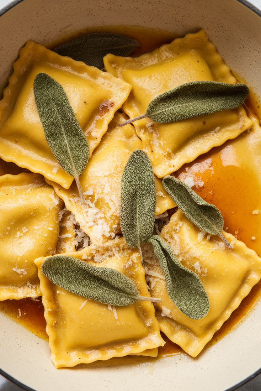 A shallow indoor bowl of pumpkin ravioli bathed in brown butter and crispy sage leaves, grated Parmesan on top. No text or logos anywhere.