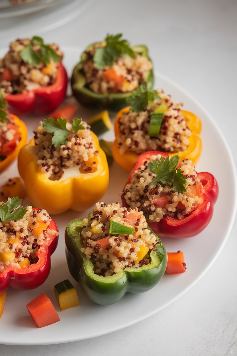 Indoor photo of colorful bite-size bell peppers halved and filled with fluffy quinoa flecked with parsley and diced vegetables, set on a white serving plate. No logos or text in view.