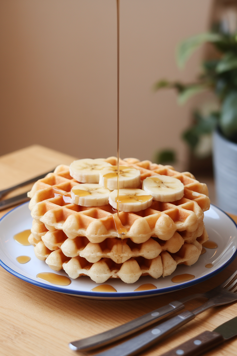 Indoor breakfast table with a stack of waffles topped with banana slices and a light drizzle of pure maple syrup. No text or logos present.