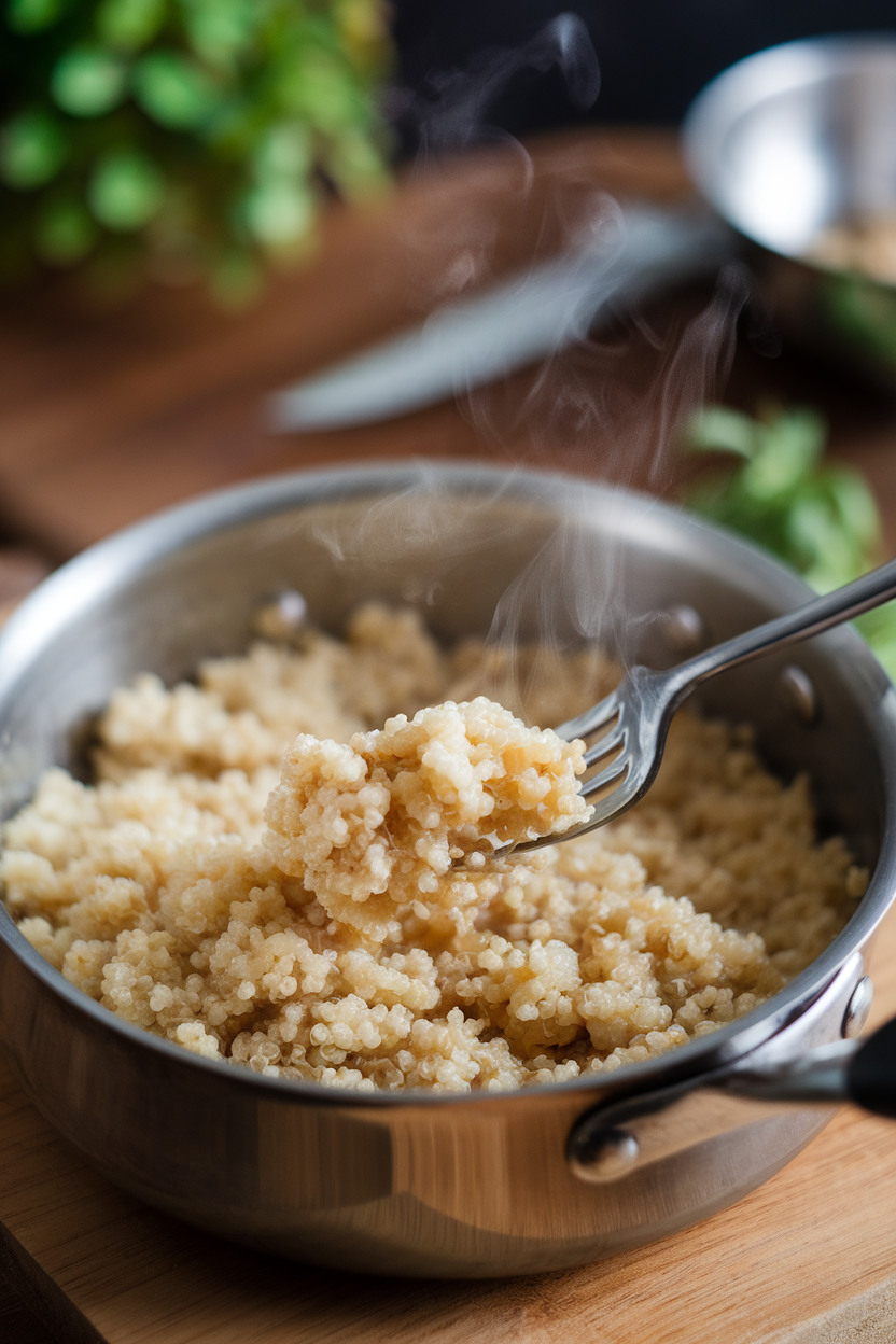 An indoor saucepan with cooked fluffy quinoa being fluffed by a fork, steam visible, no text or logos.