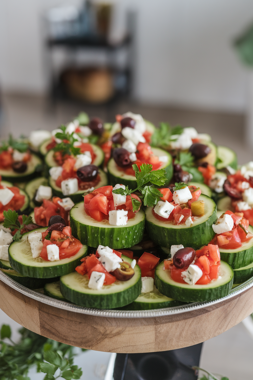 An indoor platter of thick cucumber rounds hollowed and filled with diced tomato, feta, and olives—photo, no text or logos.