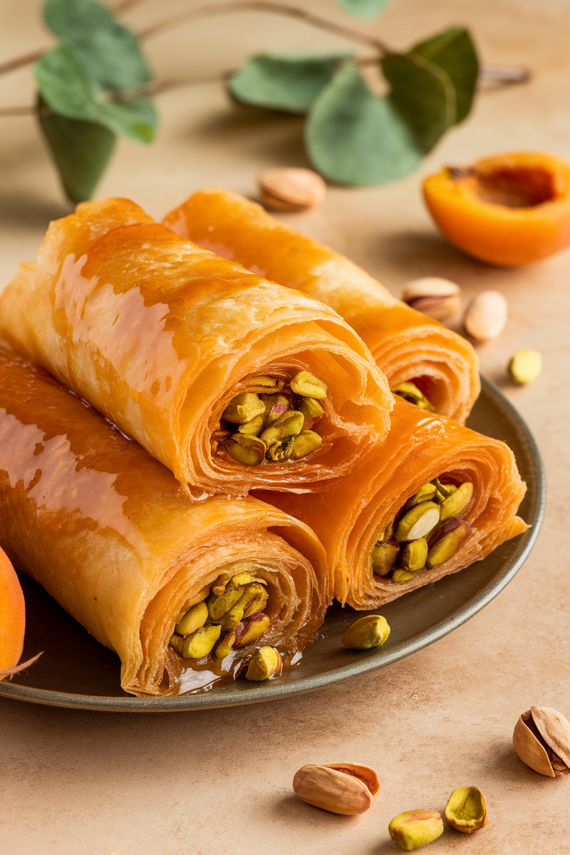 Indoor dessert platter featuring tight filo pastry rolls filled with pistachios, honey glaze glistening; no logos or text