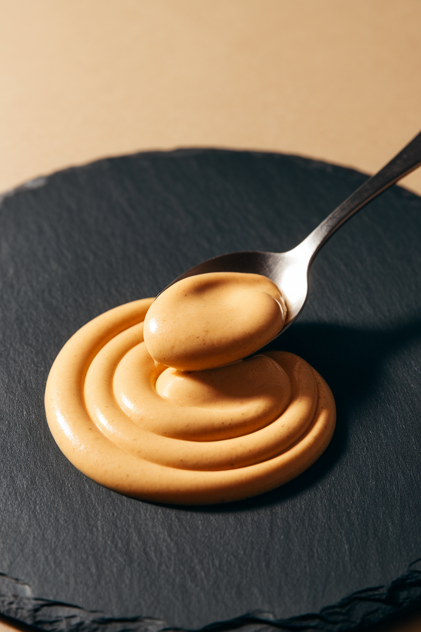 Indoor photo of a spoonful of creamy Dijon mustard swirled onto a slate plate; soft studio light, no text or logos