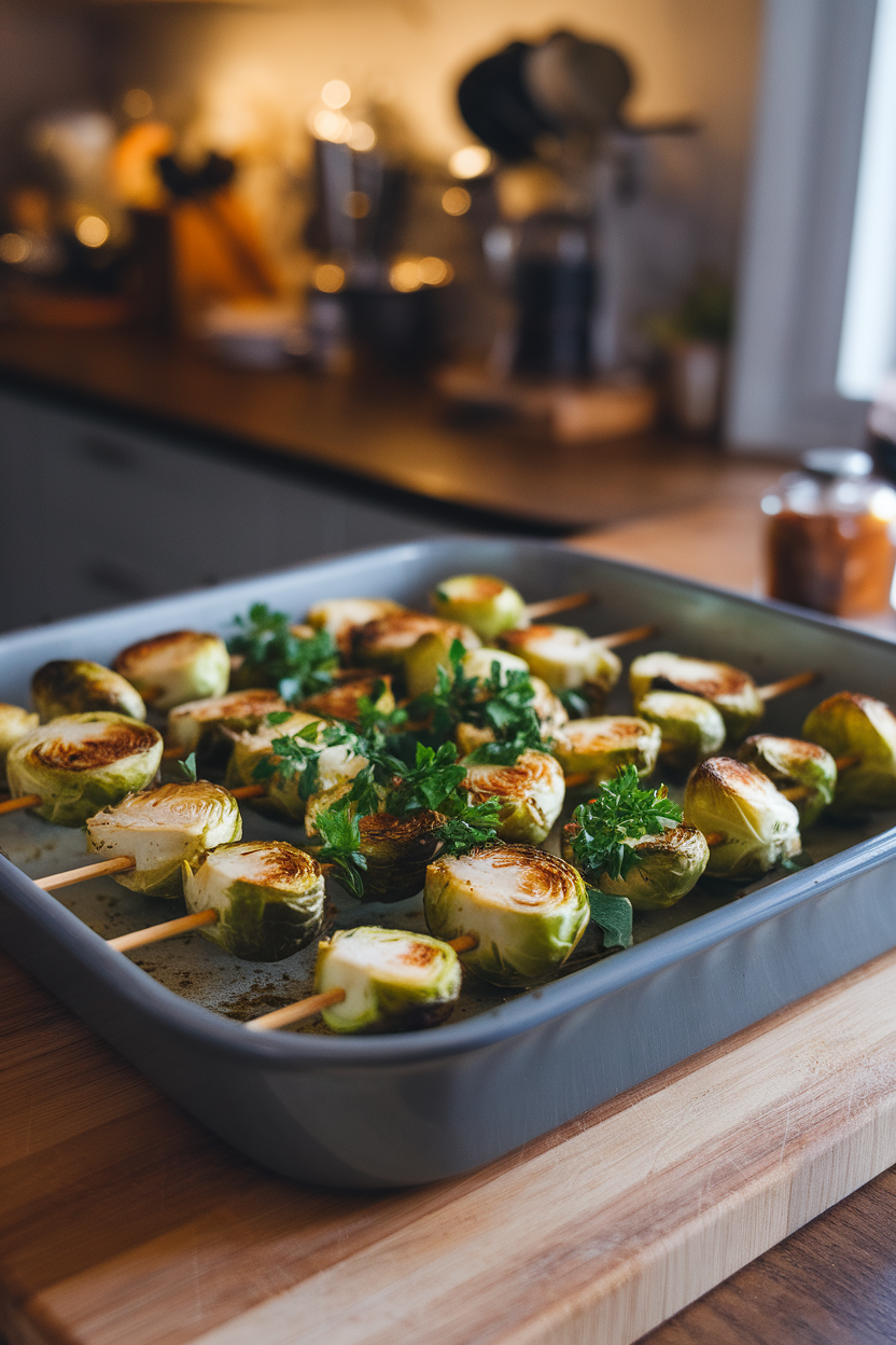 A shallow indoor baking dish holding golden roasted Brussels sprout halves on wooden skewers, parsley sprinkled on top. Cozy kitchen lighting, photo only, no logos.