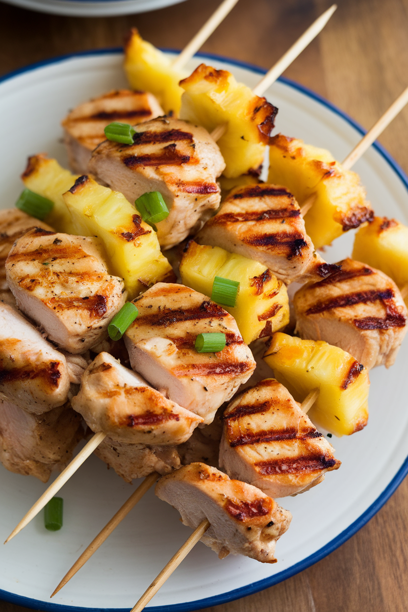 An indoor serving platter of cooked chicken and pineapple chunks on skewers, grill marks visible, sprinkled with green onion. Photo, no text or logos.