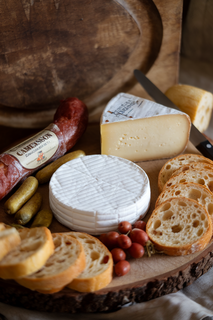 Indoor shot of a rustic board featuring Camembert, Comté, saucisson sec, cornichons, and baguette rounds; no text or logos
