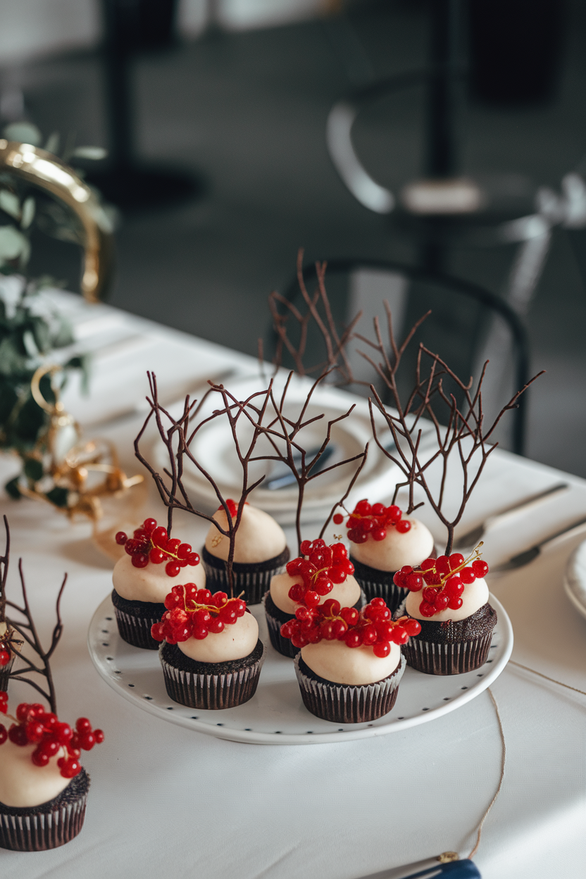 Photo of indoor tabletop with cupcakes decorated by thin chocolate branches and clusters of red currant “berries,” no text or logos.