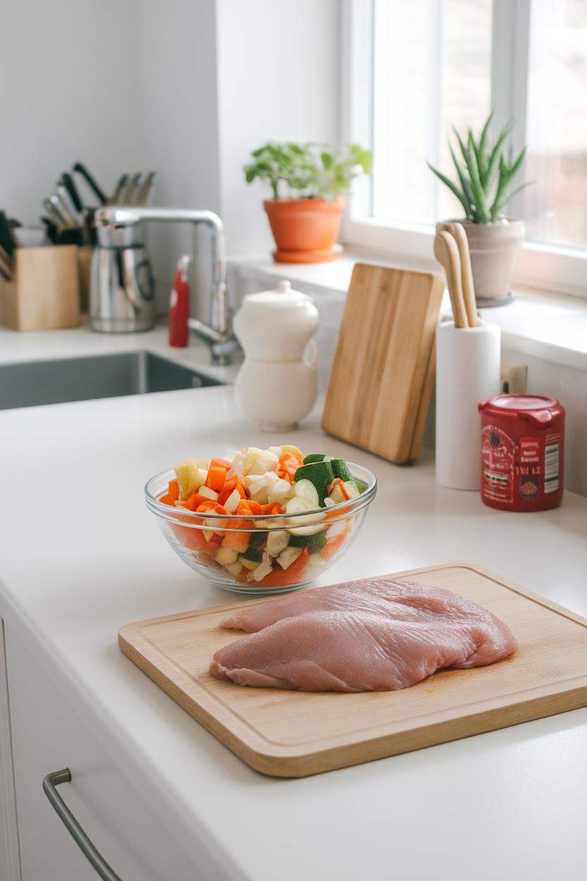 A tidy indoor kitchen counter with raw chicken breast on a cutting board next to a bowl of chopped vegetables—photo, no text or logos.