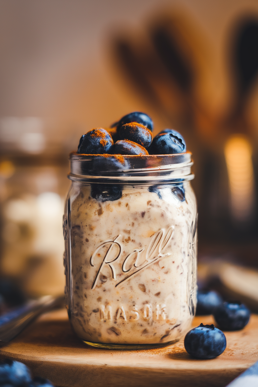 Indoor mason jar filled with creamy overnight oats, blueberries on top, lid off. No text or logos. Photo only.