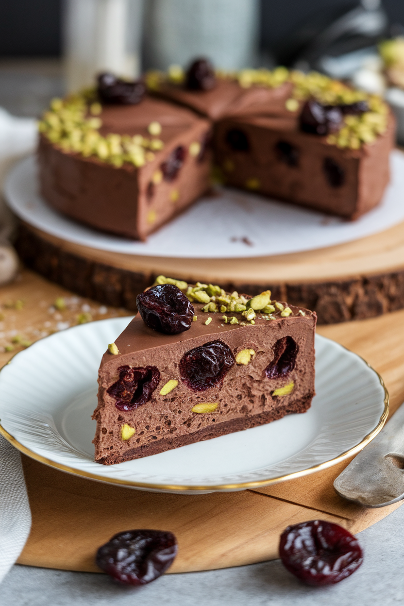 An indoor patisserie plate featuring a dense chocolate torte slice dotted with dried cherries and coated in crushed pistachios. No text or logos. Photo, not illustration.