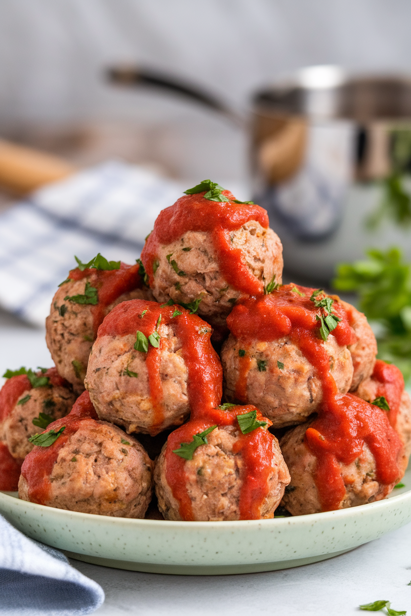 Indoor plate piled with turkey meatballs garnished with chopped parsley, marinara sauce drizzled on top, close-up shot. No text or logos.