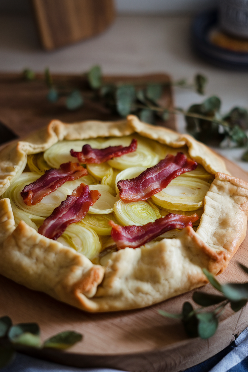 Rustic indoor presentation of a free-form galette with visible bacon pieces, tender leeks, and potato slices, flaky crust edges golden. No text or logos.