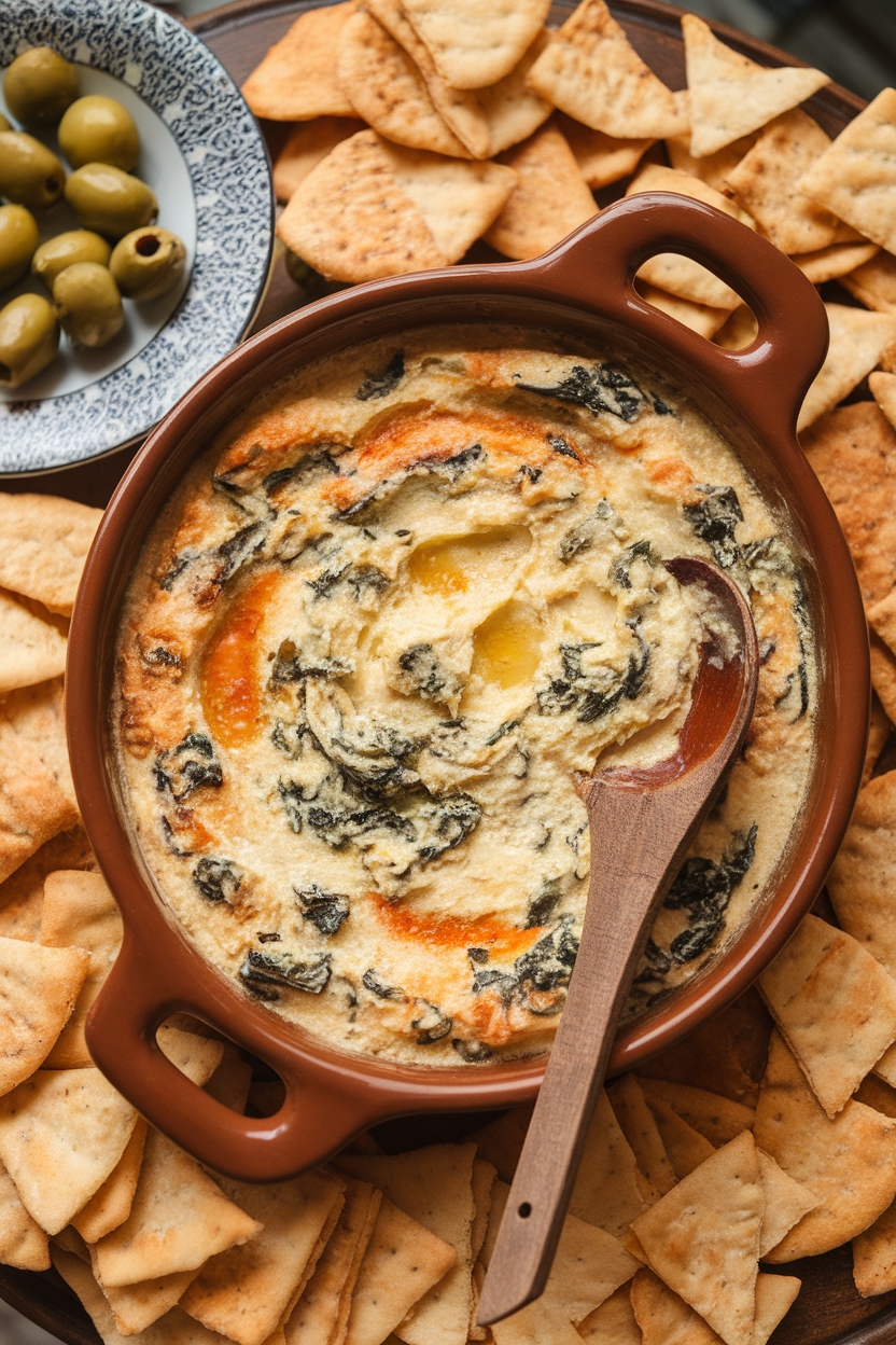 Indoor coffee table scene with a warm, bubbling ceramic dish of creamy spinach-artichoke dip, surrounded by pita chips. No text or logos.