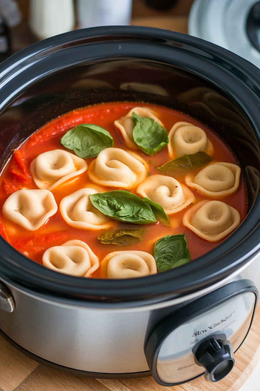 Indoor photo of whole-wheat cheese tortellini floating in tomato basil soup inside a slow cooker, no text or logos.