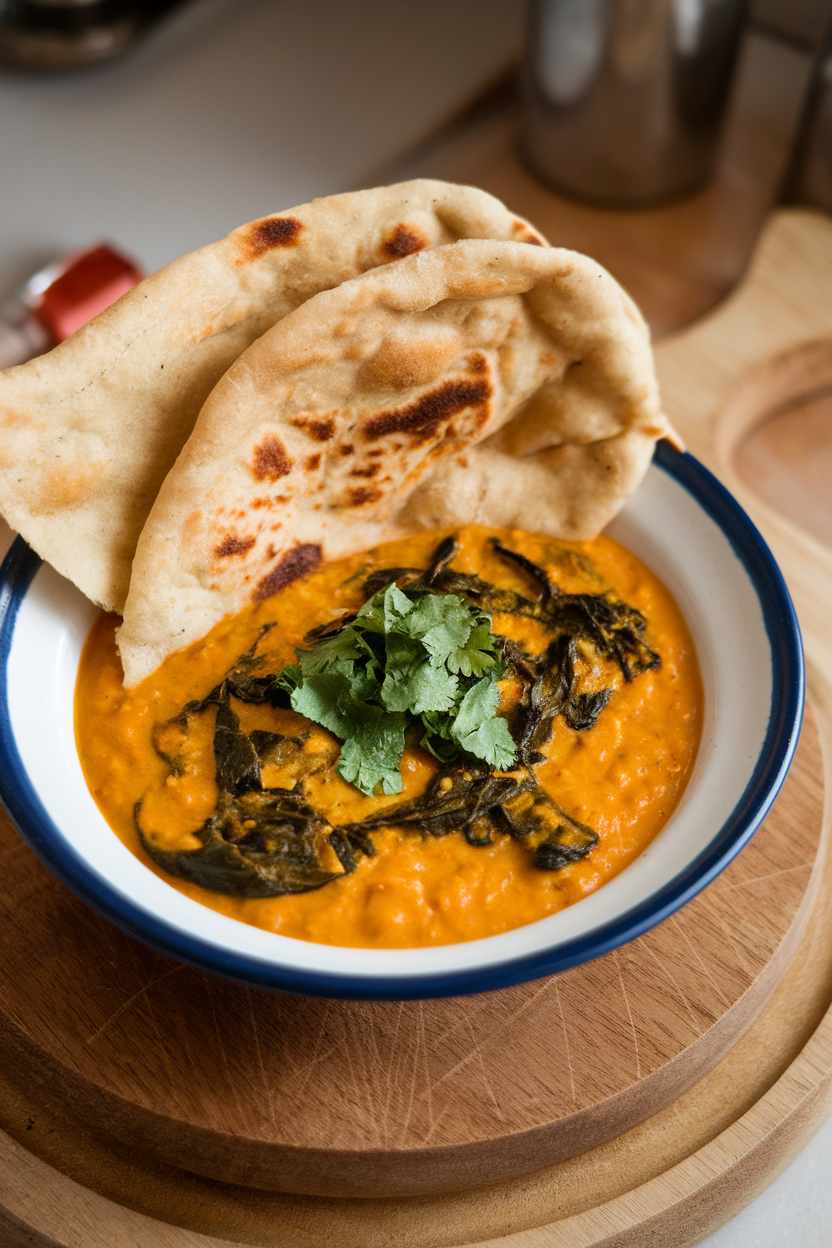 Indoor bowl of bright orange dal with wilted spinach and a sprinkle of chopped cilantro. No text or logos.