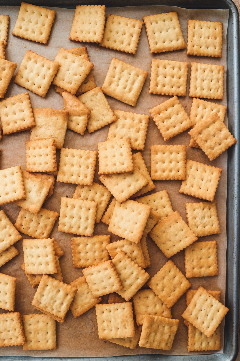 An indoor cookie sheet covered in small square whole-wheat cheese crackers, lightly browned. No text or logos.