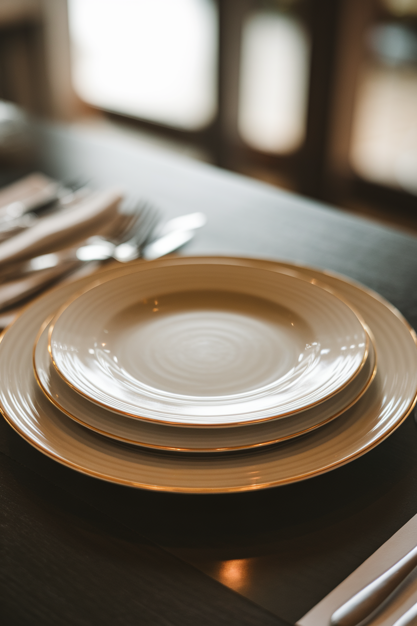 Two stacked plates—a smaller salad plate resting on a larger dinner plate—on a dining table, indoor ambient light. No text or logos. Photo, not illustration.