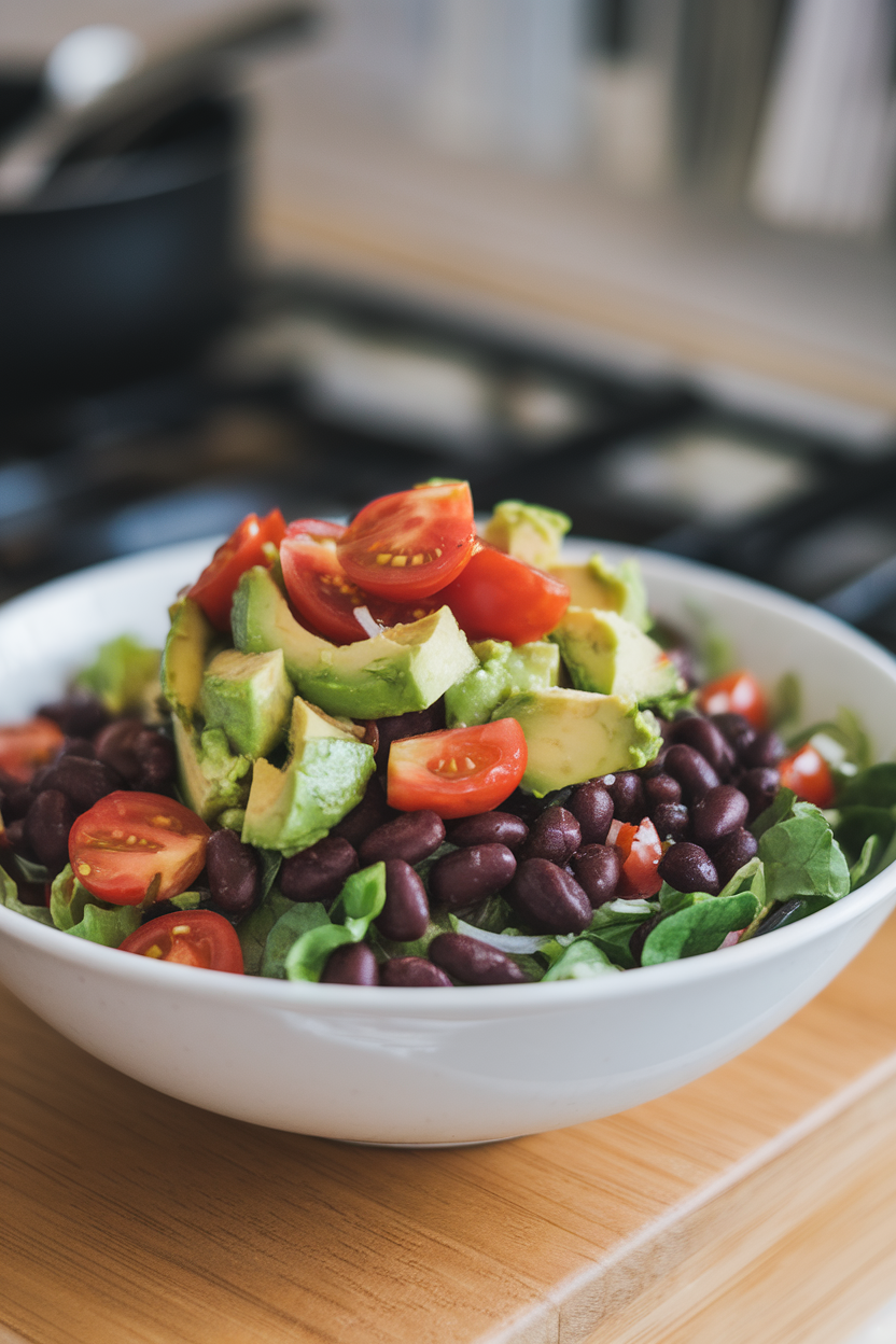 Photo of an indoor salad topped with diced avocado, cherry tomatoes, and black beans in a white bowl. No text or logos.