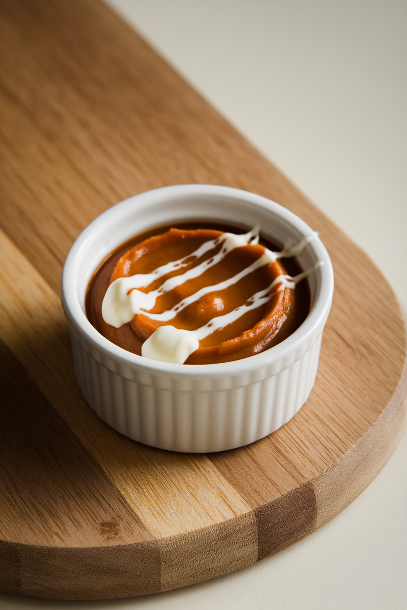 Indoor image of a small ramekin filled with silky chestnut purée, garnished with a drizzle of cream, placed on a wooden board. No text or logos.