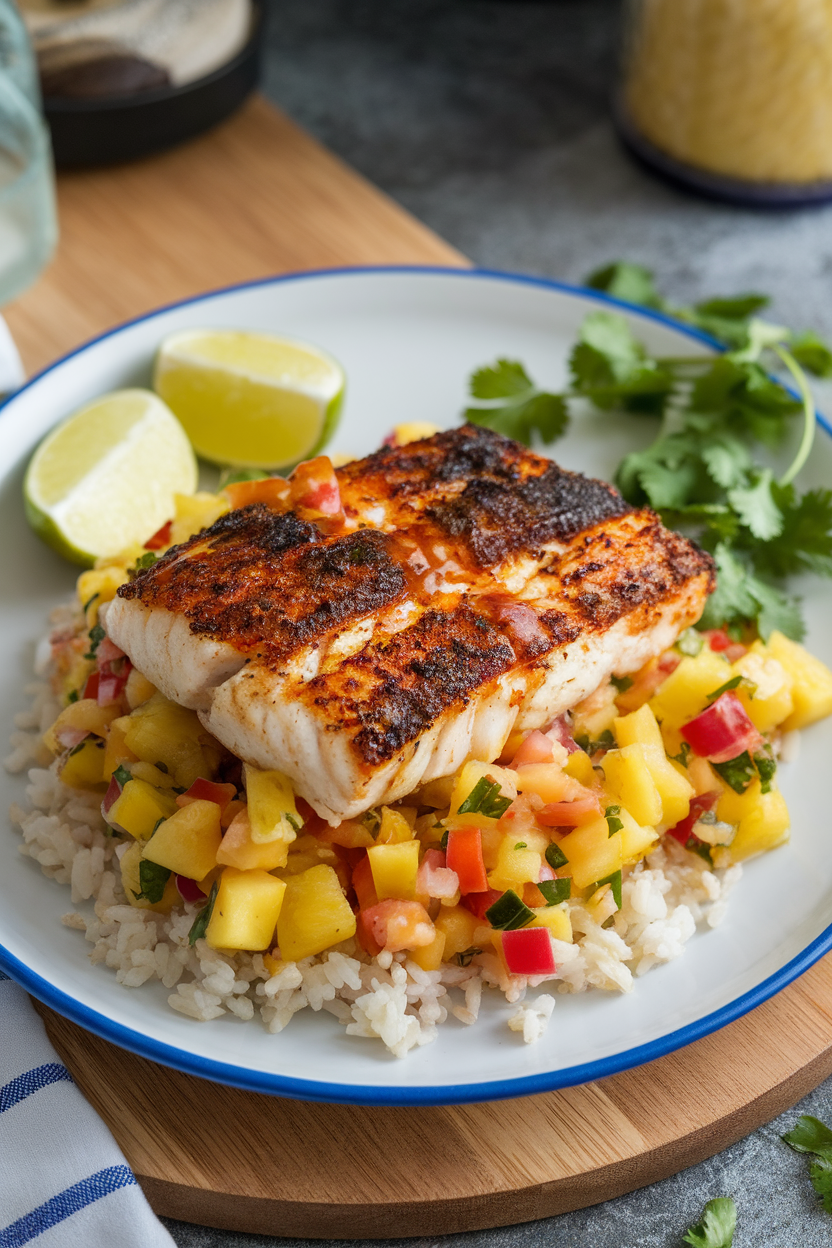 An indoor dinner plate displaying a blackened tilapia fillet topped with colorful pineapple salsa. No text or logos. Photo only.