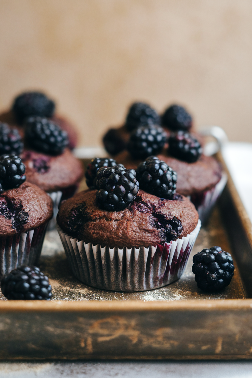 Indoor photo of blackberry muffins made with dark buckwheat flour, berries peeking through tops, no text or logos