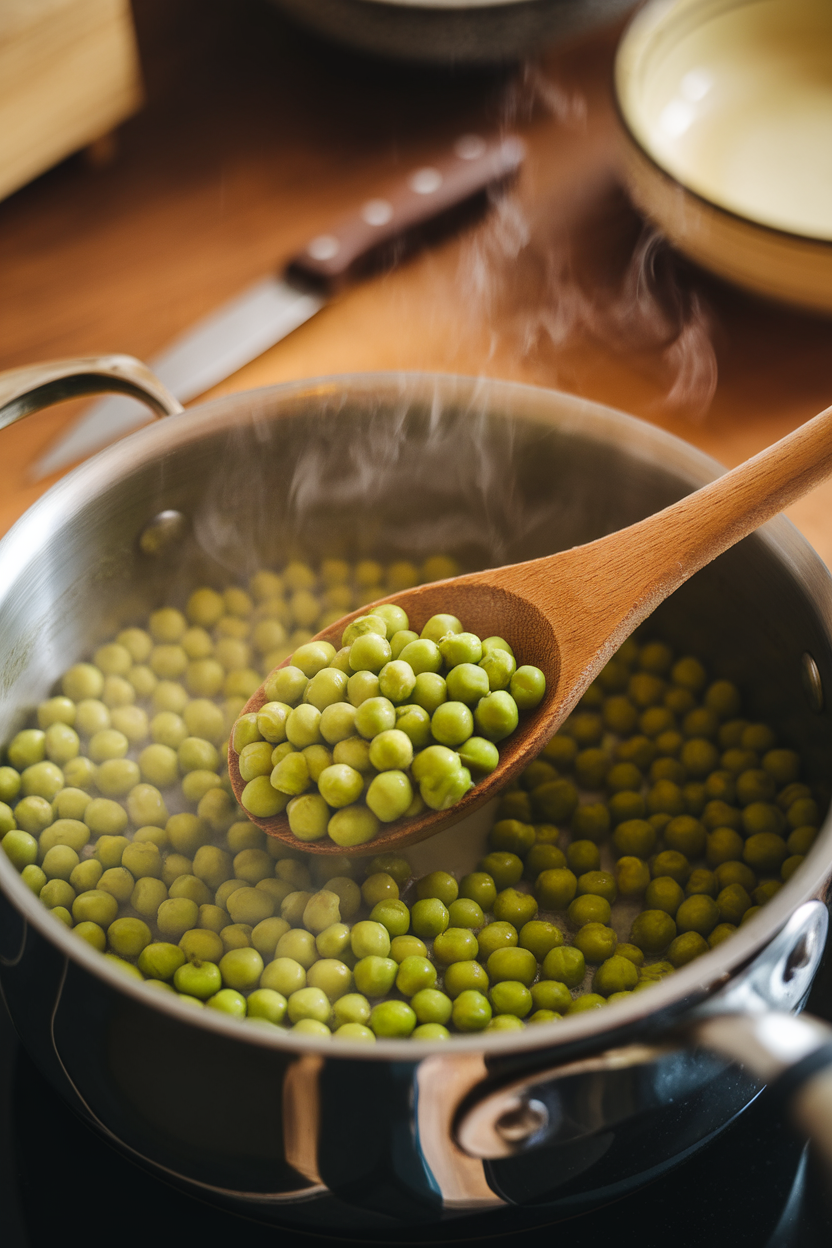 Indoor saucepan with bright green peas steaming gently, a wooden spoon stirring; no text or logos. Photo.