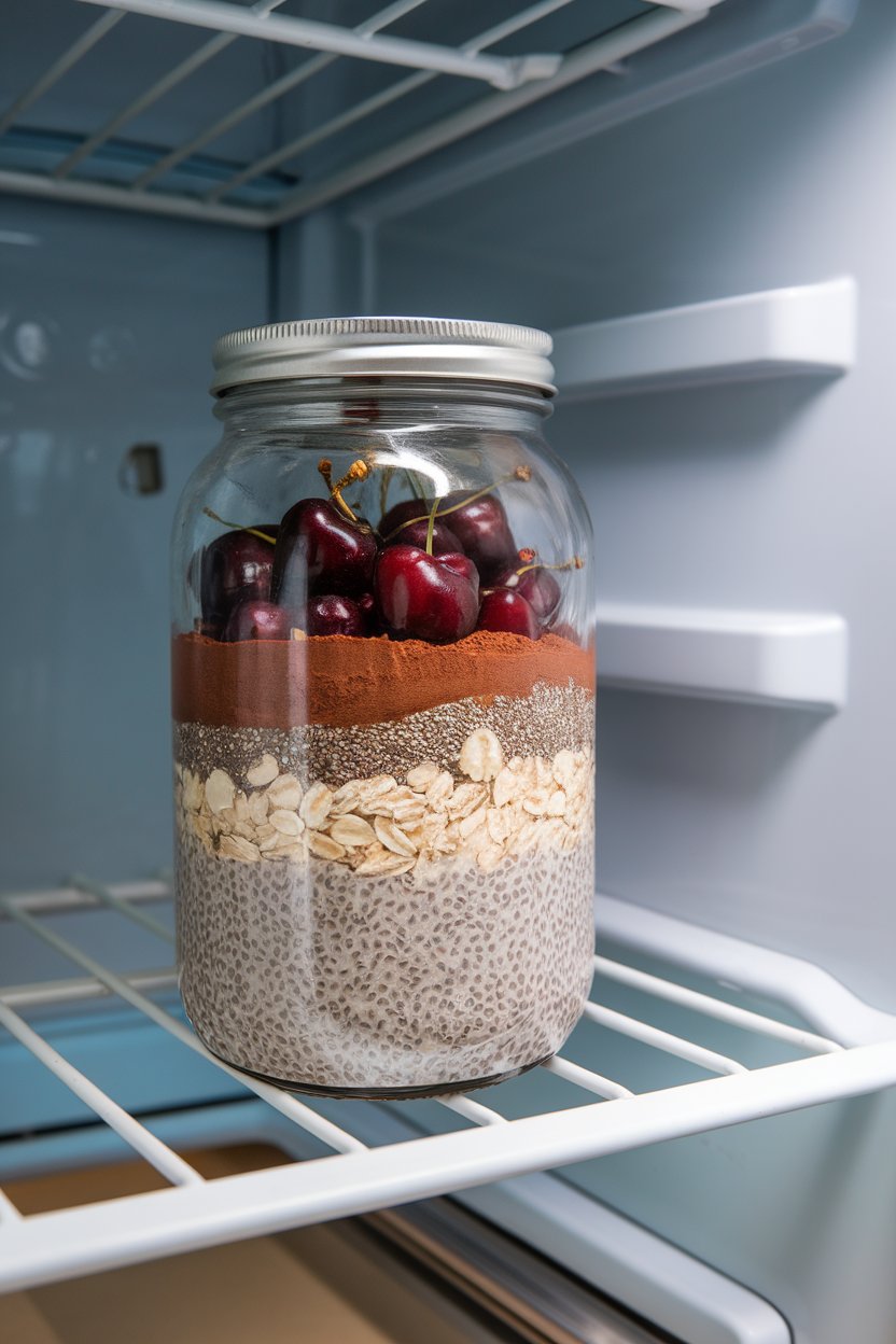 Indoor fridge-door view of a jar layered with dark cherries, cacao powder oatmeal, and chia seeds. No text or logos. Photo.