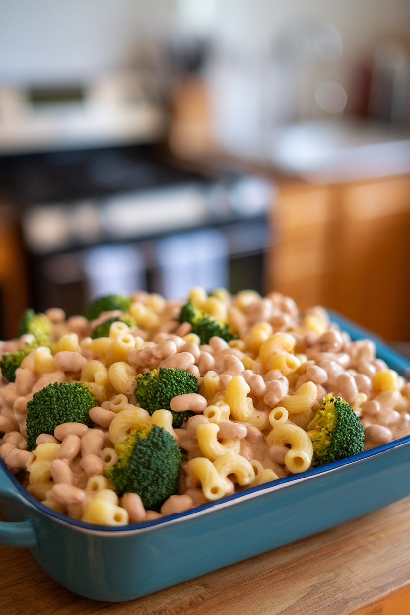 An indoor casserole dish filled with macaroni mixed with broccoli florets and creamy pureed white bean sauce. No text or logos.