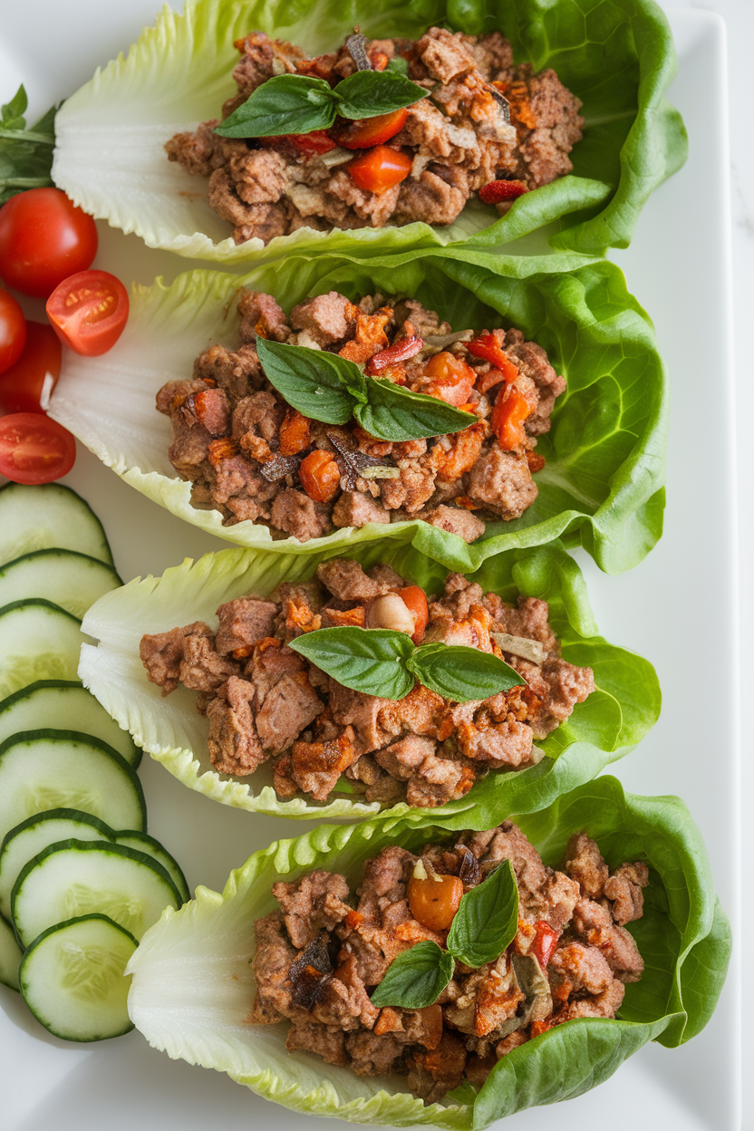 Indoor appetizer plate of butter lettuce leaves filled with ground turkey sautéed with chili, garlic, and Thai basil. No logos or text; photo.