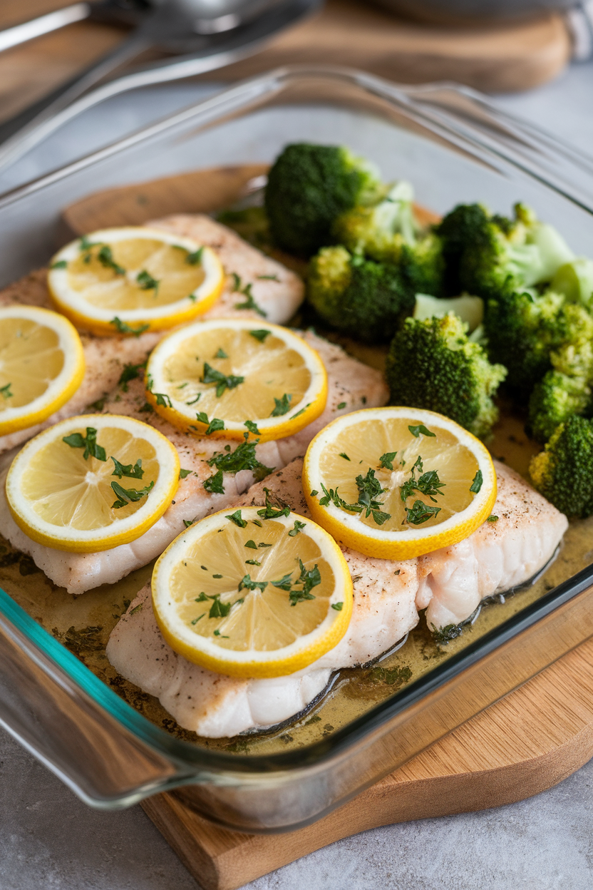 Indoor tabletop photo of cooked tilapia fillets in a glass baking dish, topped with thin lemon slices and chopped parsley, with a side of steamed broccoli. No raw fish, logos, or text.