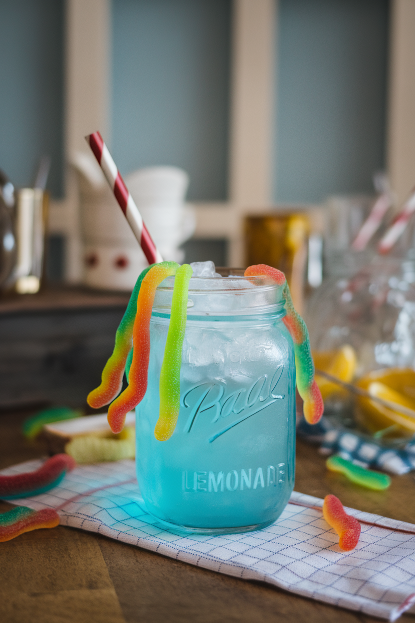 Indoor drink station with a mason jar of electric-blue lemonade, gummy worms hanging over the rim, crushed ice piled high. Photo, no text or logos.